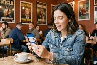 Femme consultant une application d'achat de billets de concert à Lyon sur son smartphone dans un café