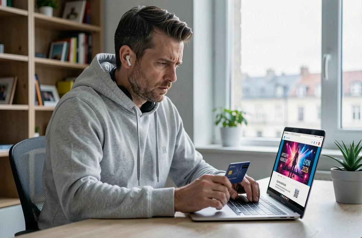 Homme achetant des billets de concert à Lyon 2026 en ligne depuis son bureau à domicile avec une carte bancaire