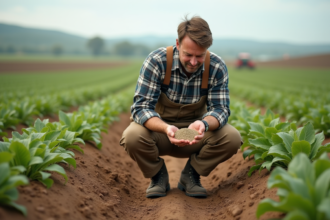 Agronome homme examine fertilisant dans un champ verdoyant
