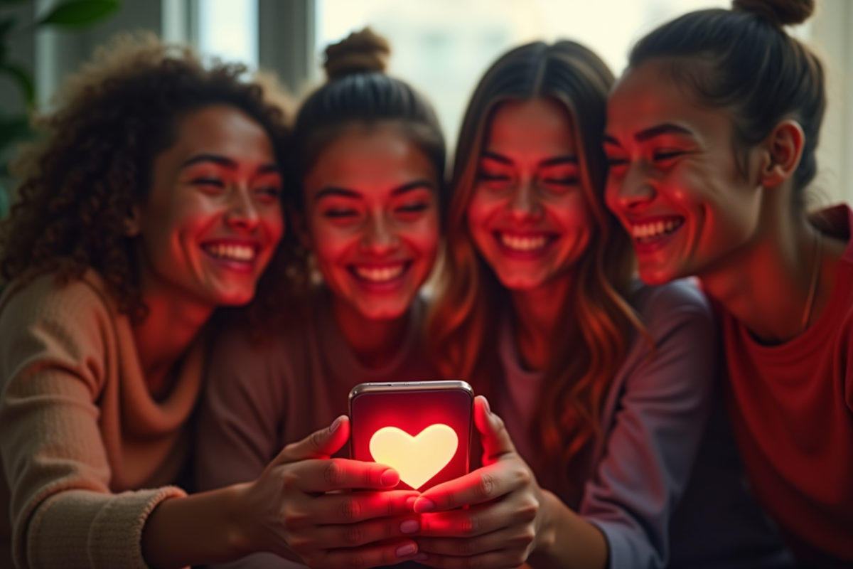 Groupe d amis riant en regardant un message avec emoji cœur