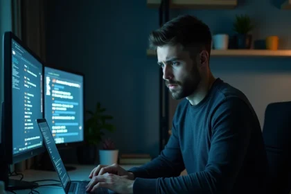 Homme analysant des alertes de sécurité informatique sur un ordinateur portable dans un bureau à domicile
