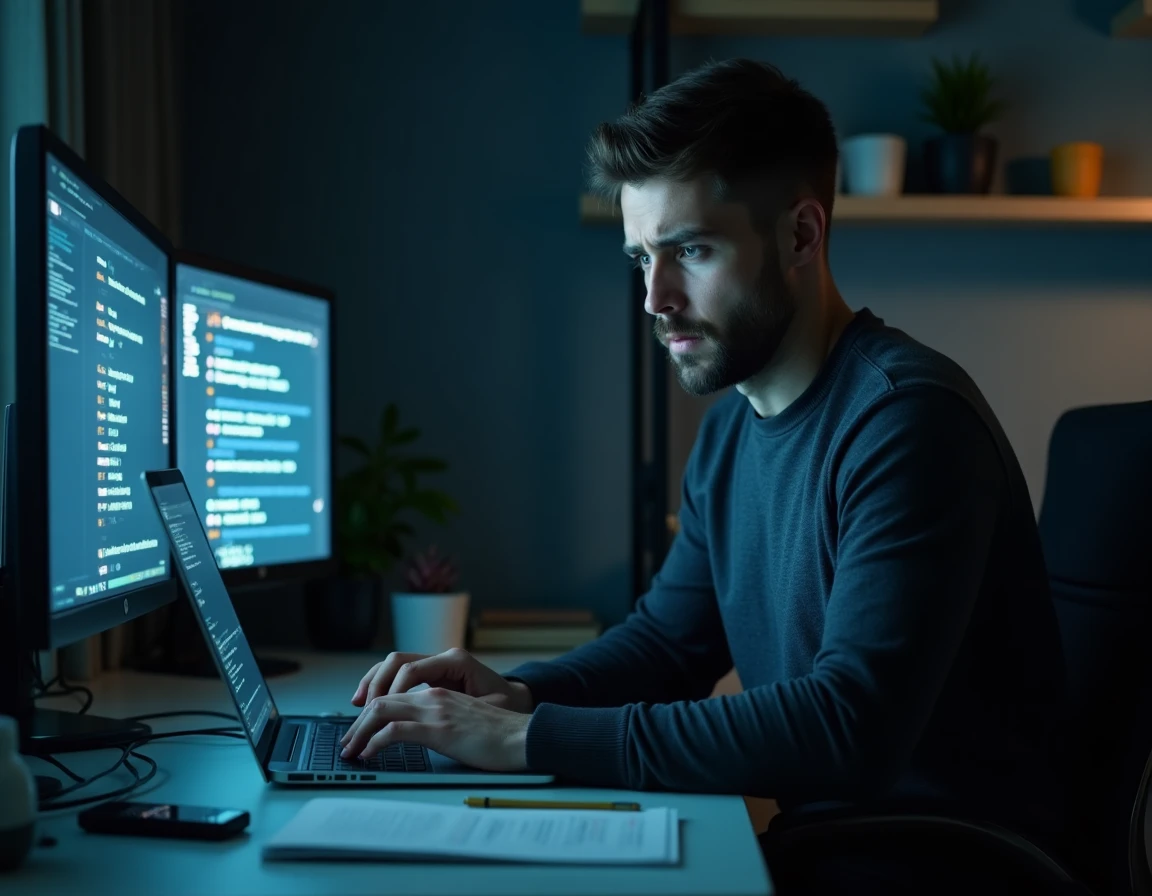 Homme analysant des alertes de sécurité informatique sur un ordinateur portable dans un bureau à domicile