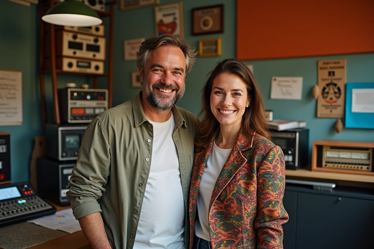 Duo d'animateurs radio dans un studio des années 2000, entouré de matériel d'enregistrement vintage, évoquant une collaboration emblématique sur Fun Radio