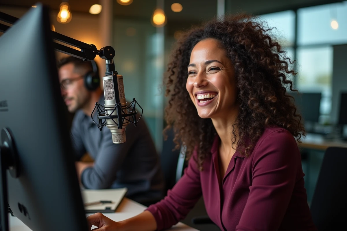 Animatrice radio en pleine émission, riant devant le micro dans un studio de radio professionnel, portrait éditorial naturel évoquant les émissions emblématiques de Fun Radio