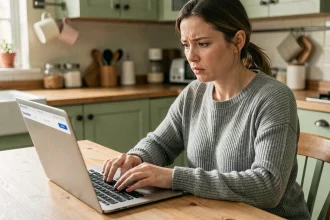 Femme annulant un abonnement Amazon Prime sur son ordinateur portable dans une cuisine