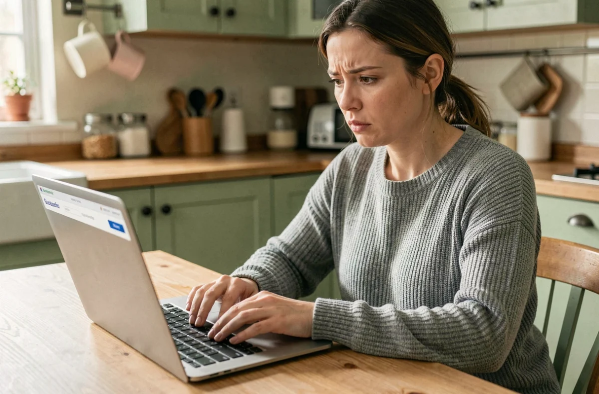 Femme annulant un abonnement Amazon Prime sur son ordinateur portable dans une cuisine