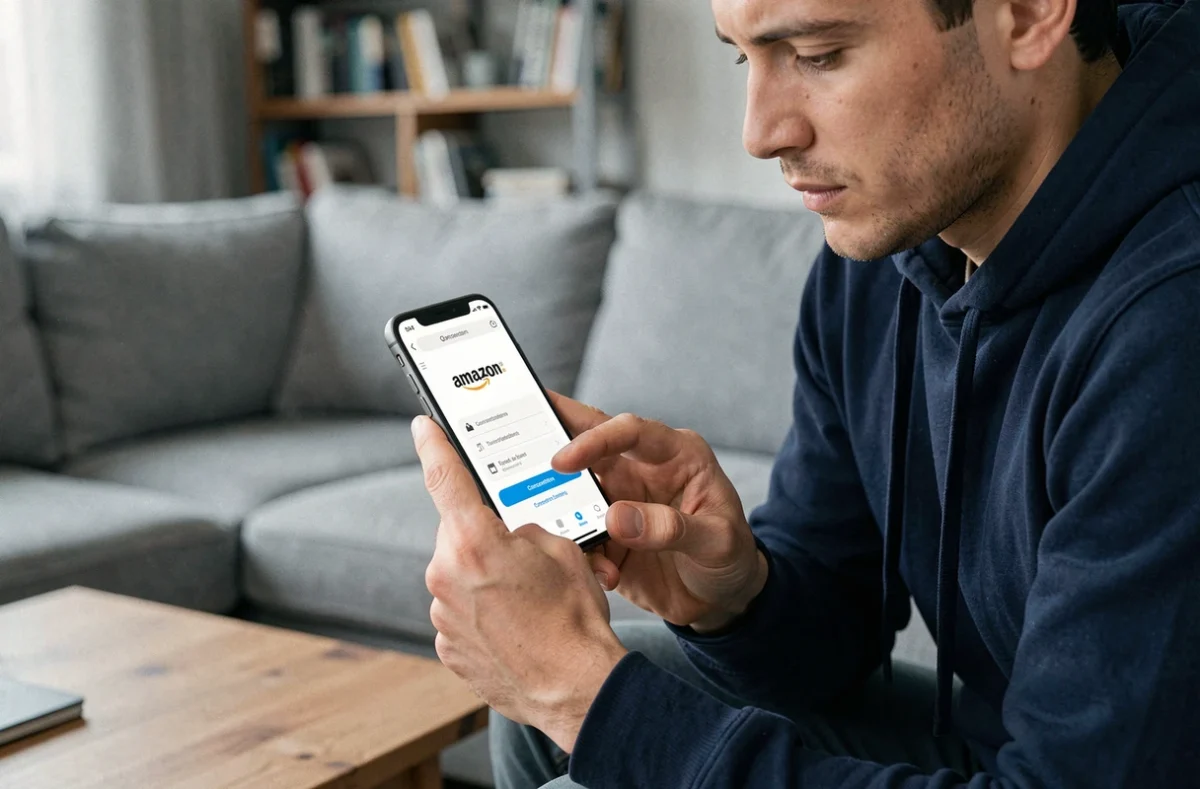 Homme consultant l'application Amazon sur smartphone pour annuler son abonnement Prime
