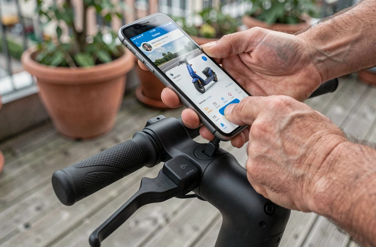 Mains tenant un smartphone avec application de configuration connectée à une trottinette électrique via dongle Bluetooth