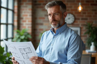 Architecte homme examinant des plans dans un bureau moderne