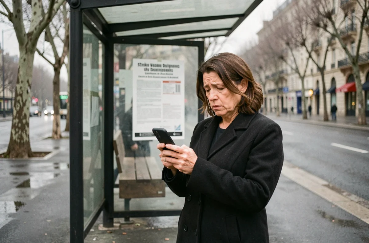 Femme attendant seule à un arrêt de bus vide à Lyon pendant la grève TCL du 5 décembre 2026, consultant son téléphone