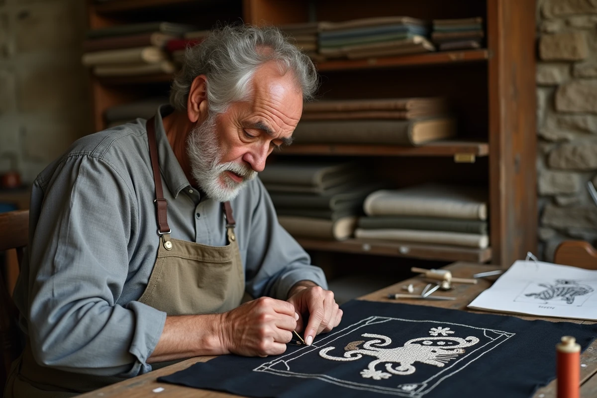 Artisan breton brodant un motif d'hermine traditionnel sur tissu dans un atelier artisanal en Bretagne illustrant le patrimoine culturel régional