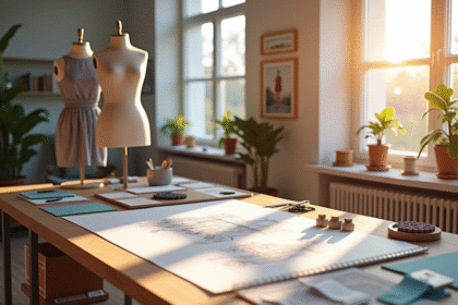Studio de mode lumineux avec mannequin et croquis