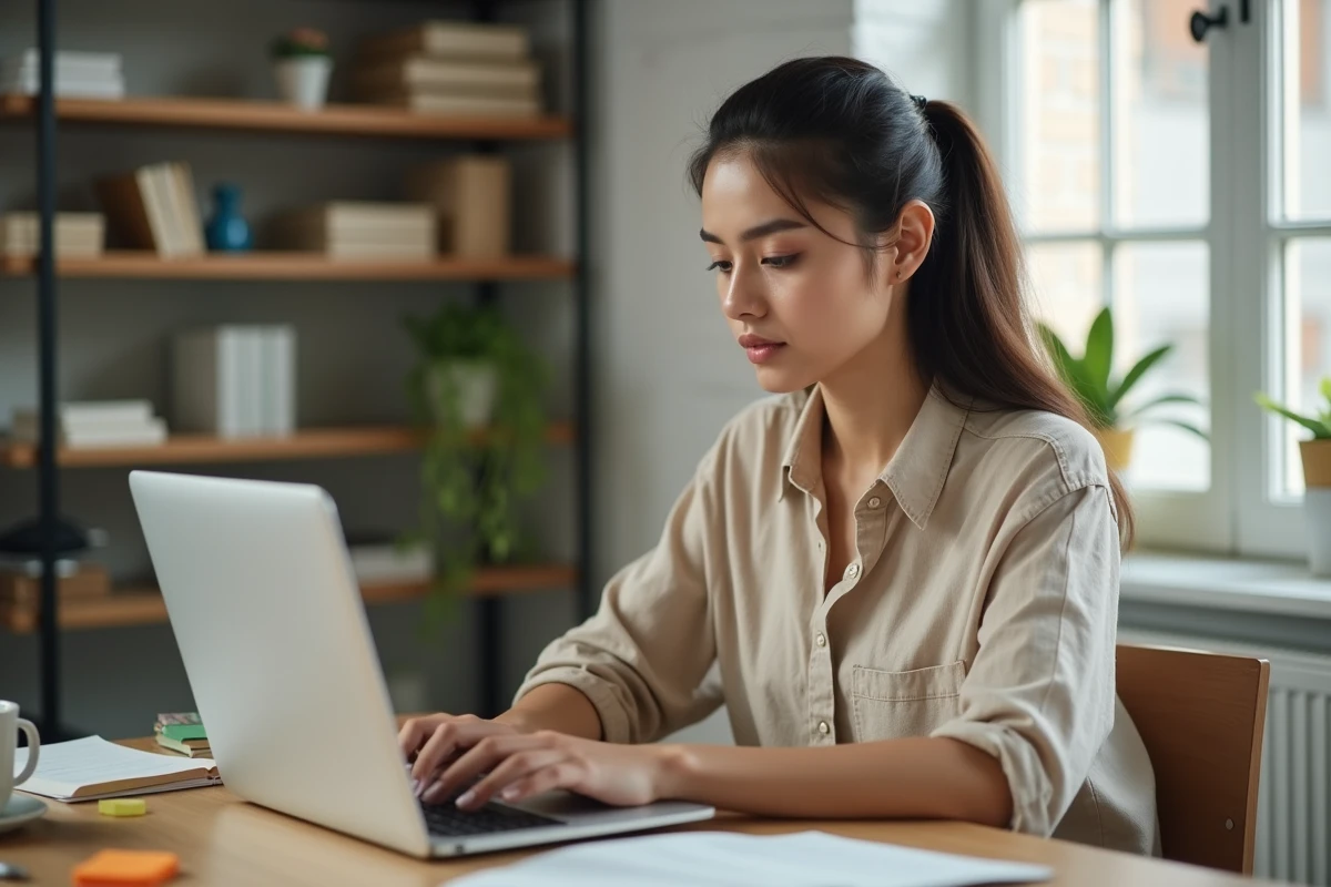 Femme rédigeant un avis client vérifié sur Funbooker depuis son bureau à domicile
