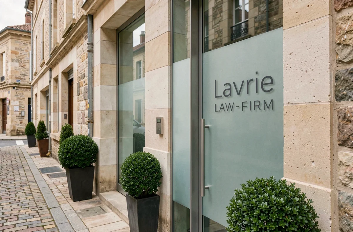 Façade moderne d'un cabinet d'avocats avec enseigne en verre dépoli dans une rue française