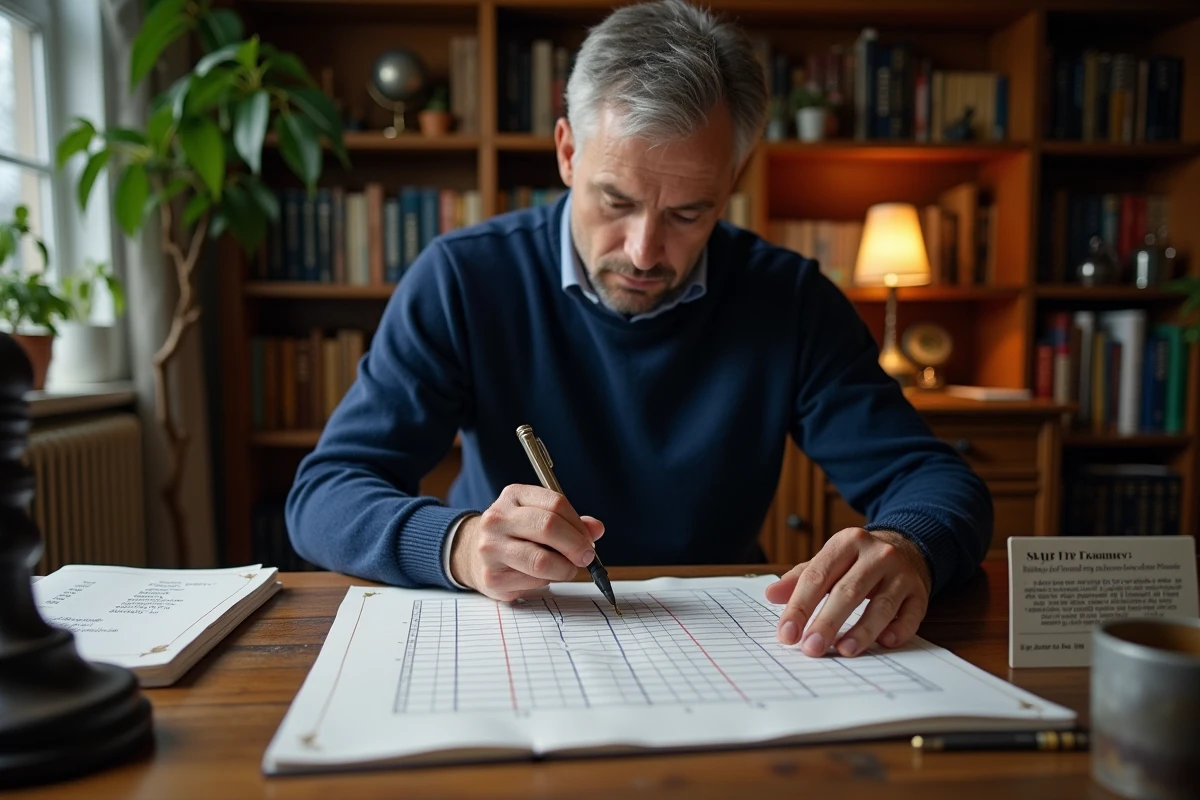 Homme traçant une grille de bataille navale sur papier millimétré avec règle et stylo dans un bureau ordonné