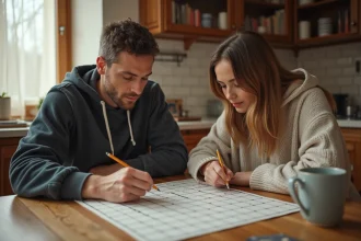 Deux adultes jouant à la bataille navale sur papier quadrillé autour d'une table en bois dans une cuisine chaleureuse