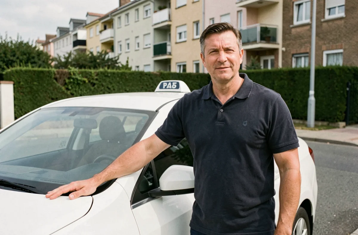 Chauffeur de taxi professionnel de BLFR Transport posé près de son véhicule blanc dans le Pas-de-Calais