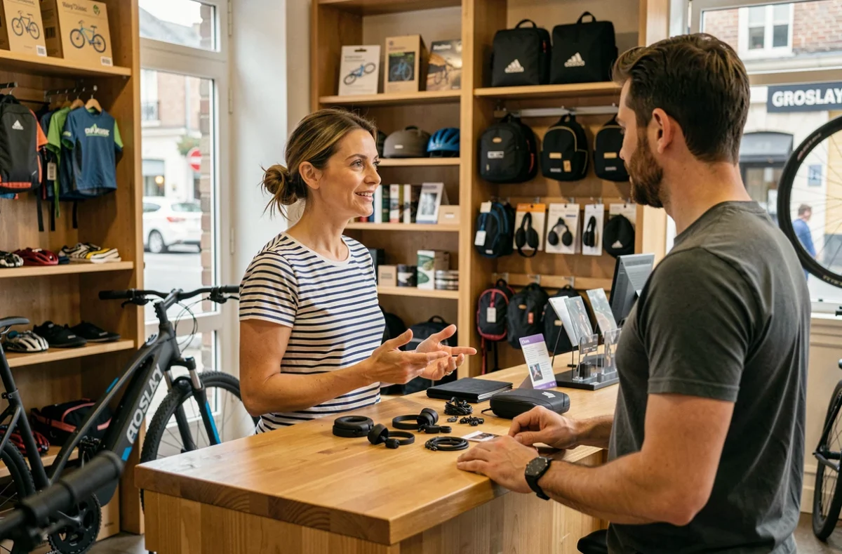 Propriétaire de Bouticycle à Groslay conseillant un client sur des accessoires vélo dans sa boutique de proximité