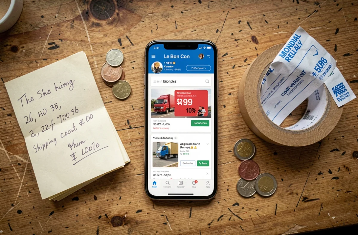 Vue du dessus d'un bureau avec smartphone affichant Le Bon Coin, calculs de frais d'envoi Mondial Relay, pièces de monnaie et étiquette colis