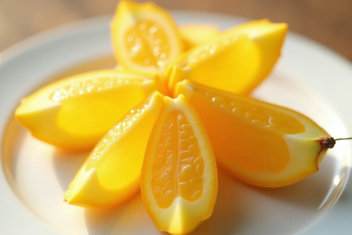 Carambola tranchée sur une assiette blanche lumineuse