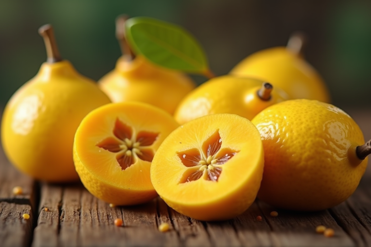 Carambolas entières et tranchées sur une table en bois