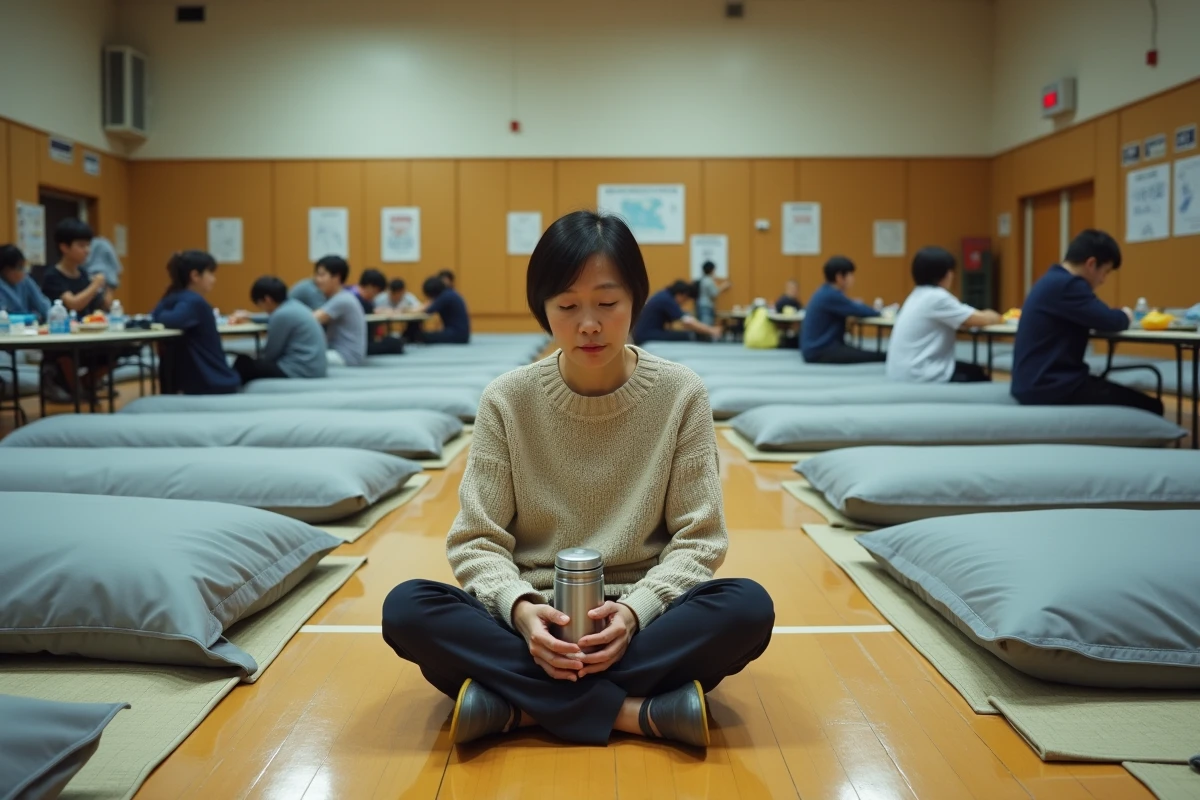 Centre d'évacuation d'urgence dans un gymnase au Japon après le tsunami de Tohoku 2026, avec des habitants déplacés et des fournitures de secours