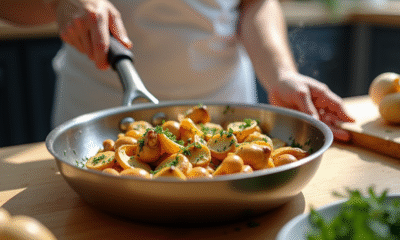 Chef sautant des girolles fraîches avec des herbes dans une poêle en inox
