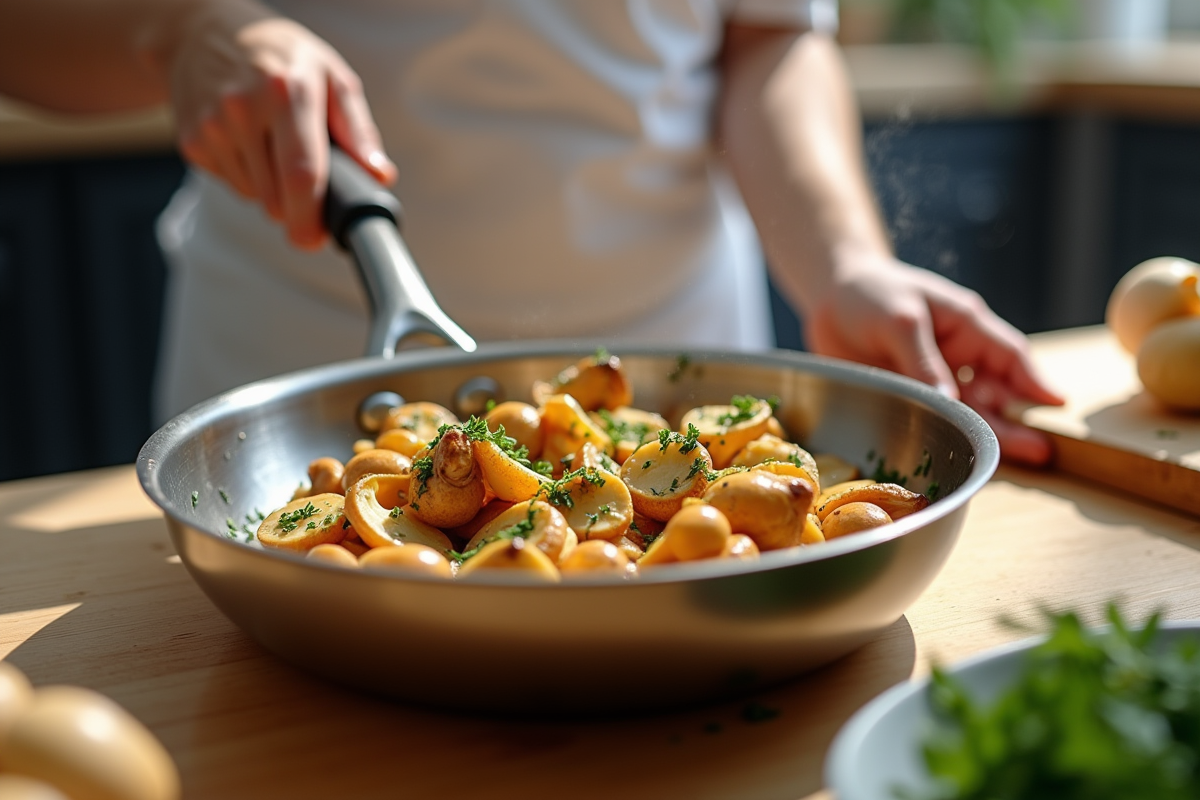 Chef sautant des girolles fraîches avec des herbes dans une poêle en inox