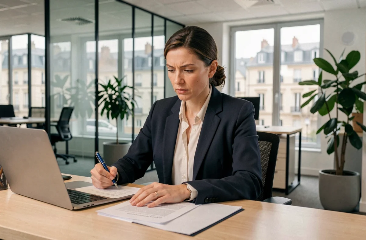Avocate femme en blazer sombre prenant des notes à son bureau dans un cabinet moderne