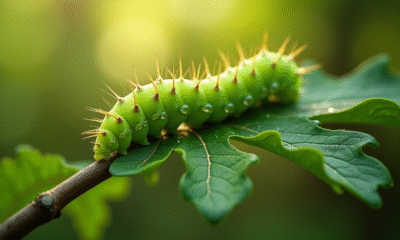 Chenille verte sur une feuille de chêne en forêt