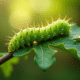 Chenille verte sur une feuille de chêne en forêt