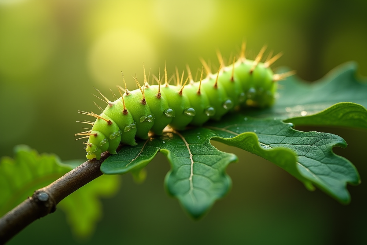Chenille verte sur une feuille de chêne en forêt