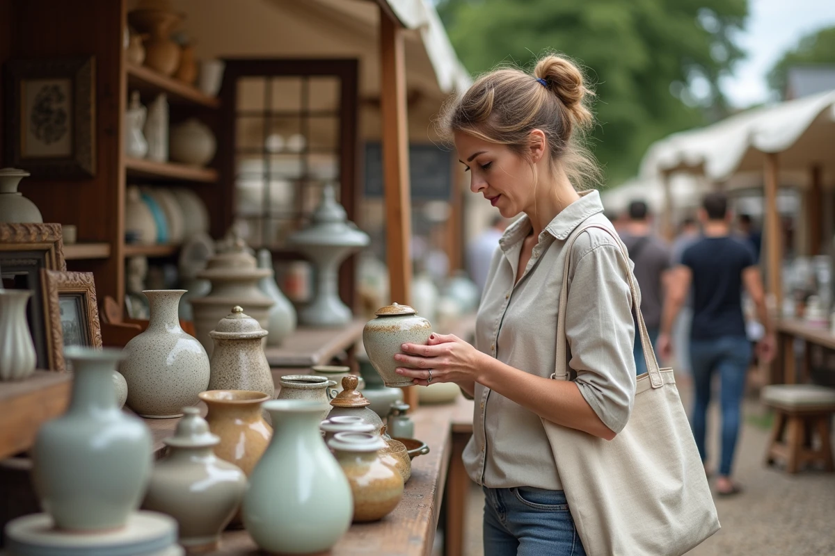 Femme examinant une pièce de céramique ancienne sur un stand de vide-grenier en plein air
