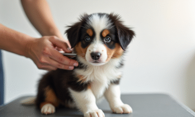 Jeune chiot Australian Shepherd calmement brossé sur une table