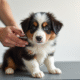 Jeune chiot Australian Shepherd calmement brossé sur une table