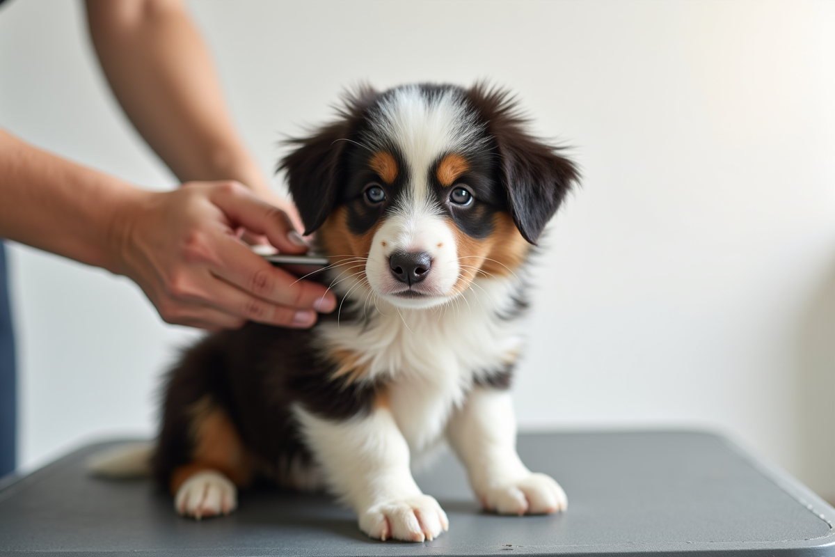 Jeune chiot Australian Shepherd calmement brossé sur une table
