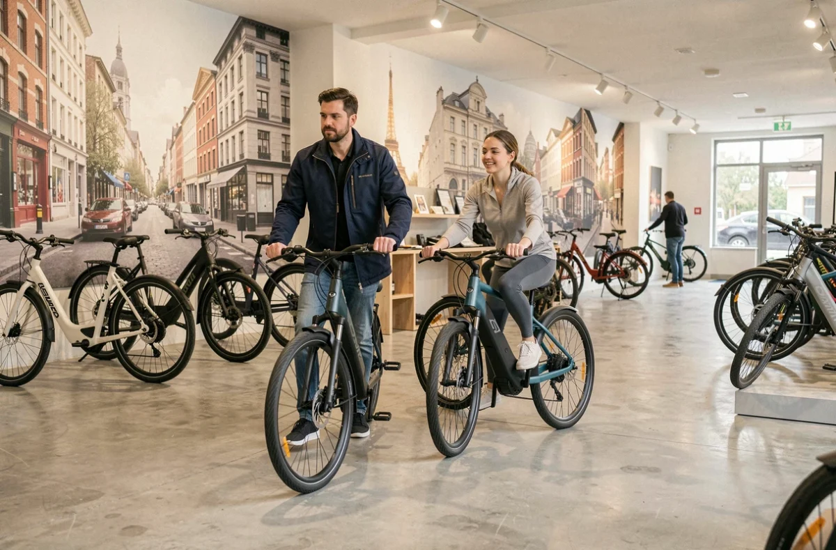 Vendeur de Citybike95 à Argenteuil accompagnant une cliente essayant un vélo électrique urbain dans la salle d'exposition
