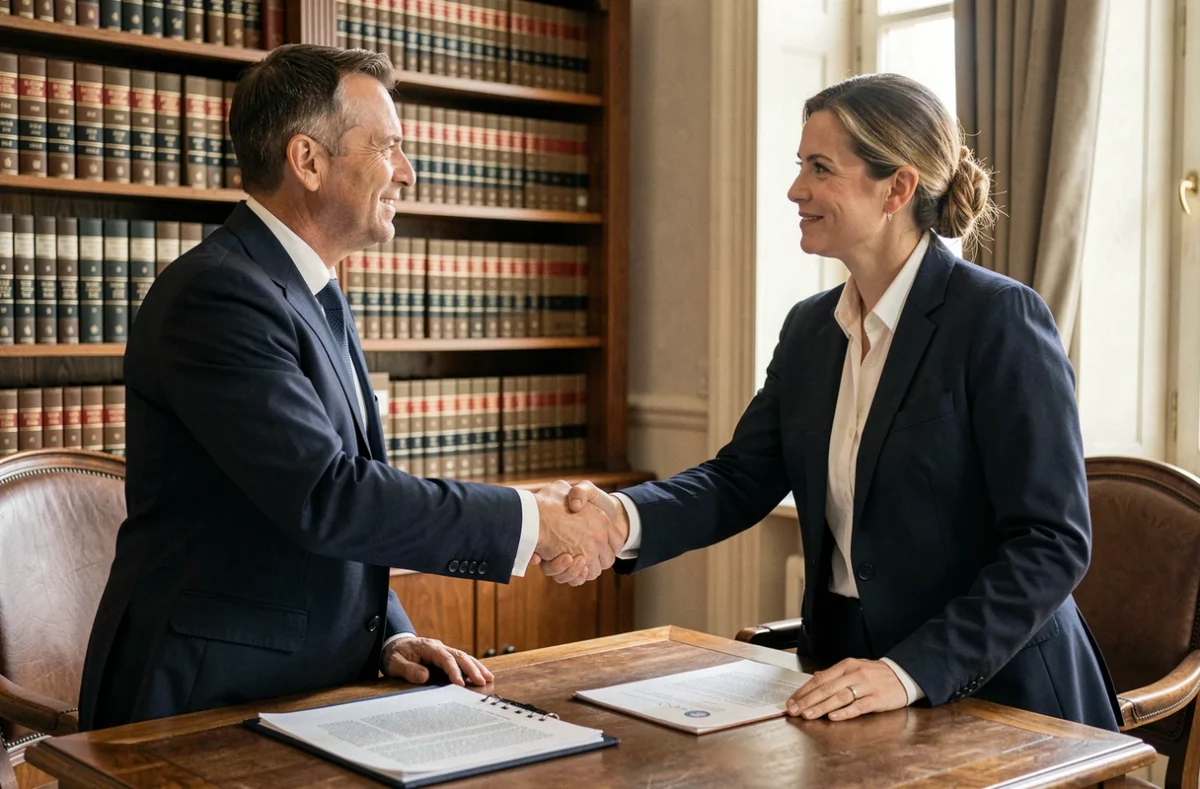 Deux avocats associés se serrant la main autour d'un bureau avec des documents signés