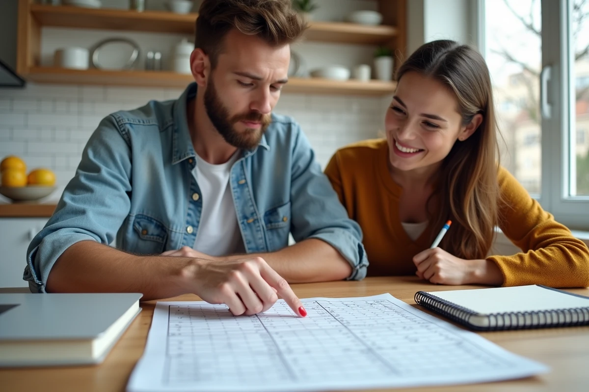Deux jeunes adultes collaborant sur une énigme logique difficile autour d'une table de cuisine moderne