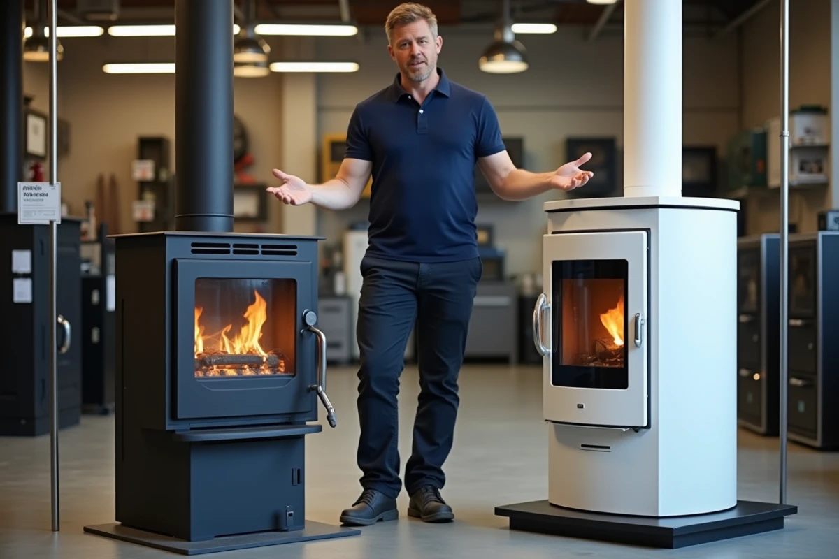 Comparaison poêle à bois et poêle à granulés dans un showroom de chauffage