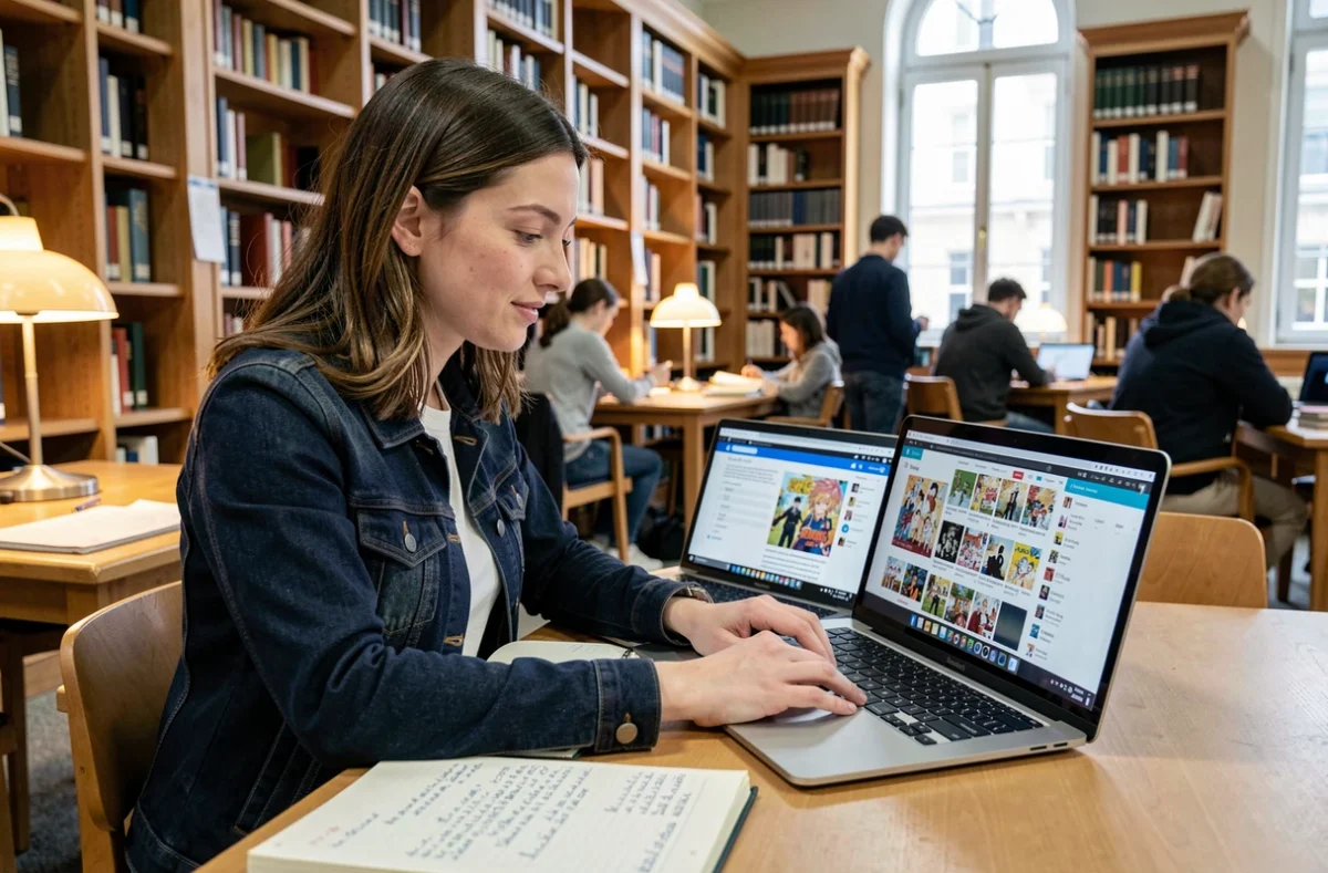 Jeune femme comparant des plateformes de lecture manga en ligne sur deux ordinateurs portables dans une bibliothèque universitaire