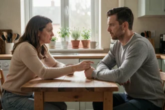 Couple en crise à la table de cuisine, femme inquiète tendant la main vers un homme au regard absent et comportement distant