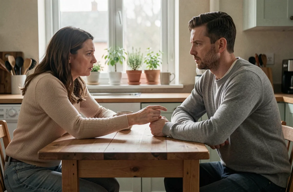 Couple en crise à la table de cuisine, femme inquiète tendant la main vers un homme au regard absent et comportement distant