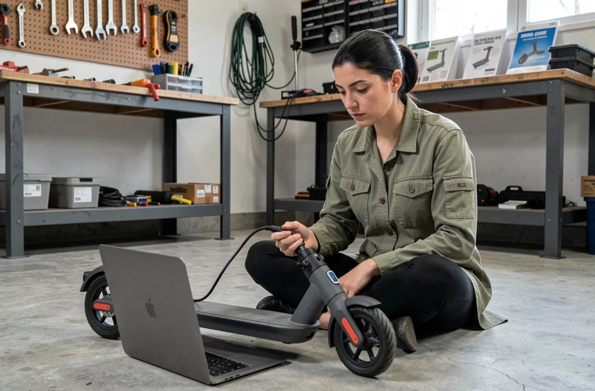Femme connectant un ordinateur portable au port de diagnostic d'une trottinette électrique dans un atelier garage