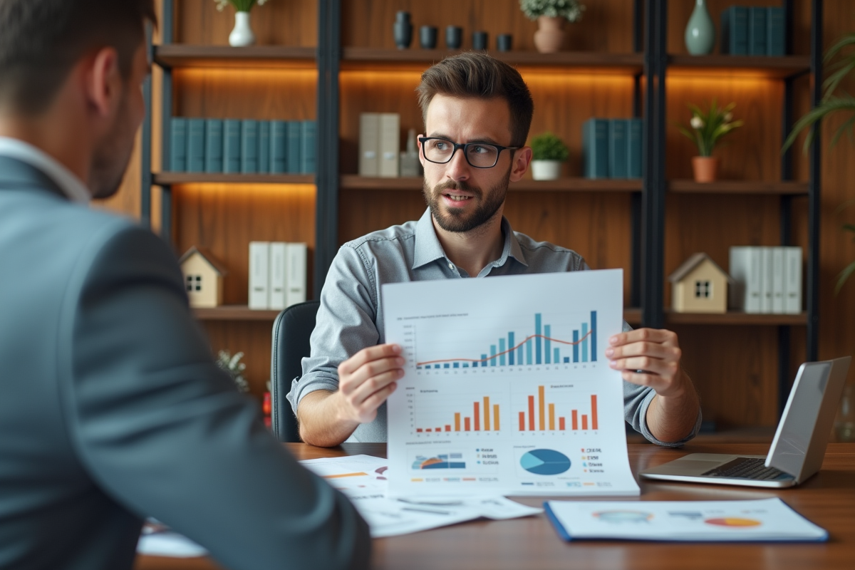 Conseiller financier montrant plans immobiliers et économies d impots