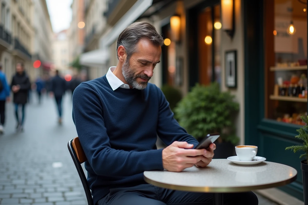 Homme consultant les avis vérifiés Funbooker sur son téléphone dans un café en terrasse