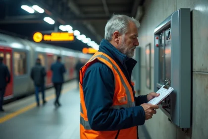 Agent de contrôle dans une gare vérifiant un panneau de contrôle
