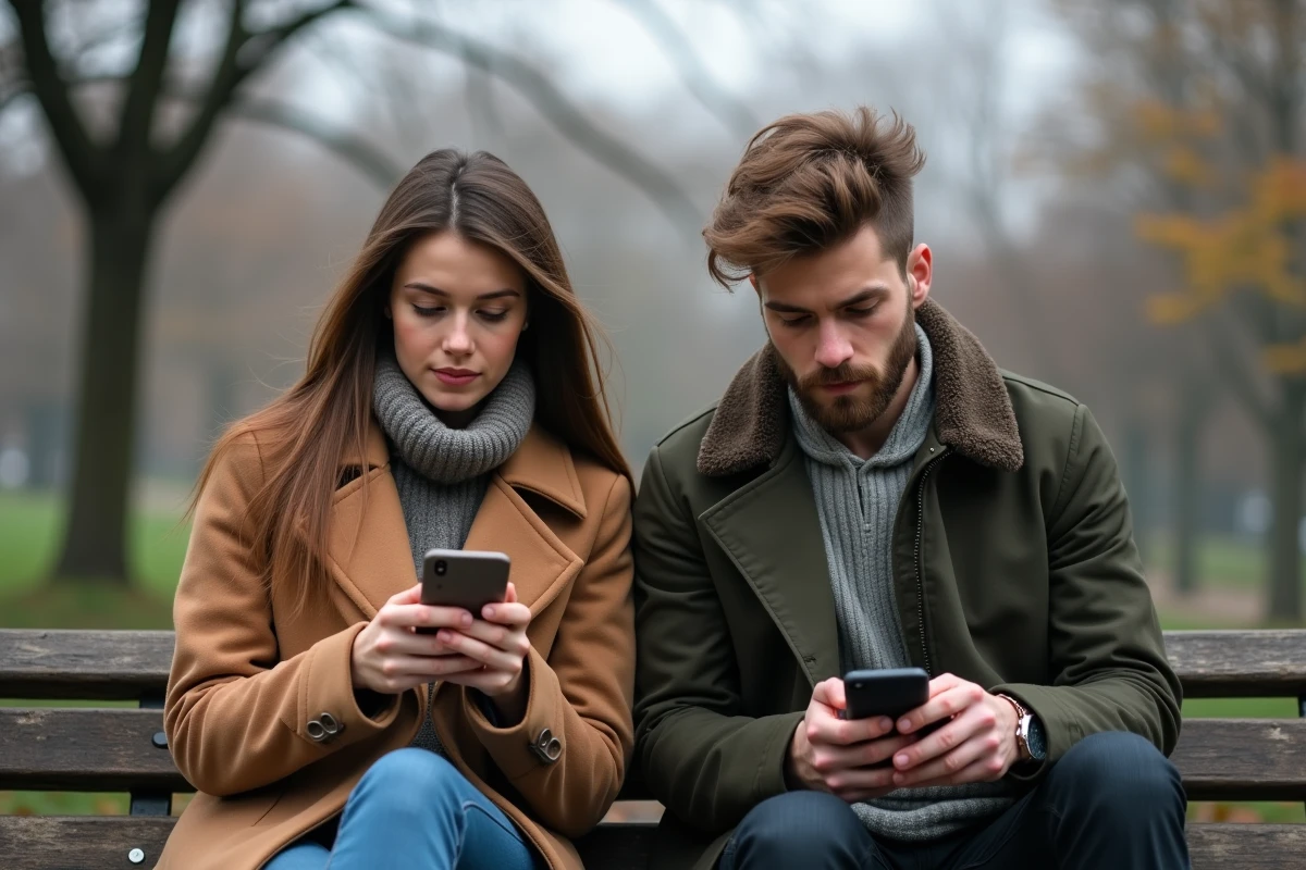 Couple de jeunes adultes assis sur un banc de parc chacun regardant son téléphone sans se parler, illustrant la distance émotionnelle et la communication silencieuse dans une relation