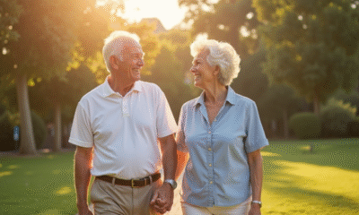 Couple de personnes âgées souriant dans un jardin ensoleille