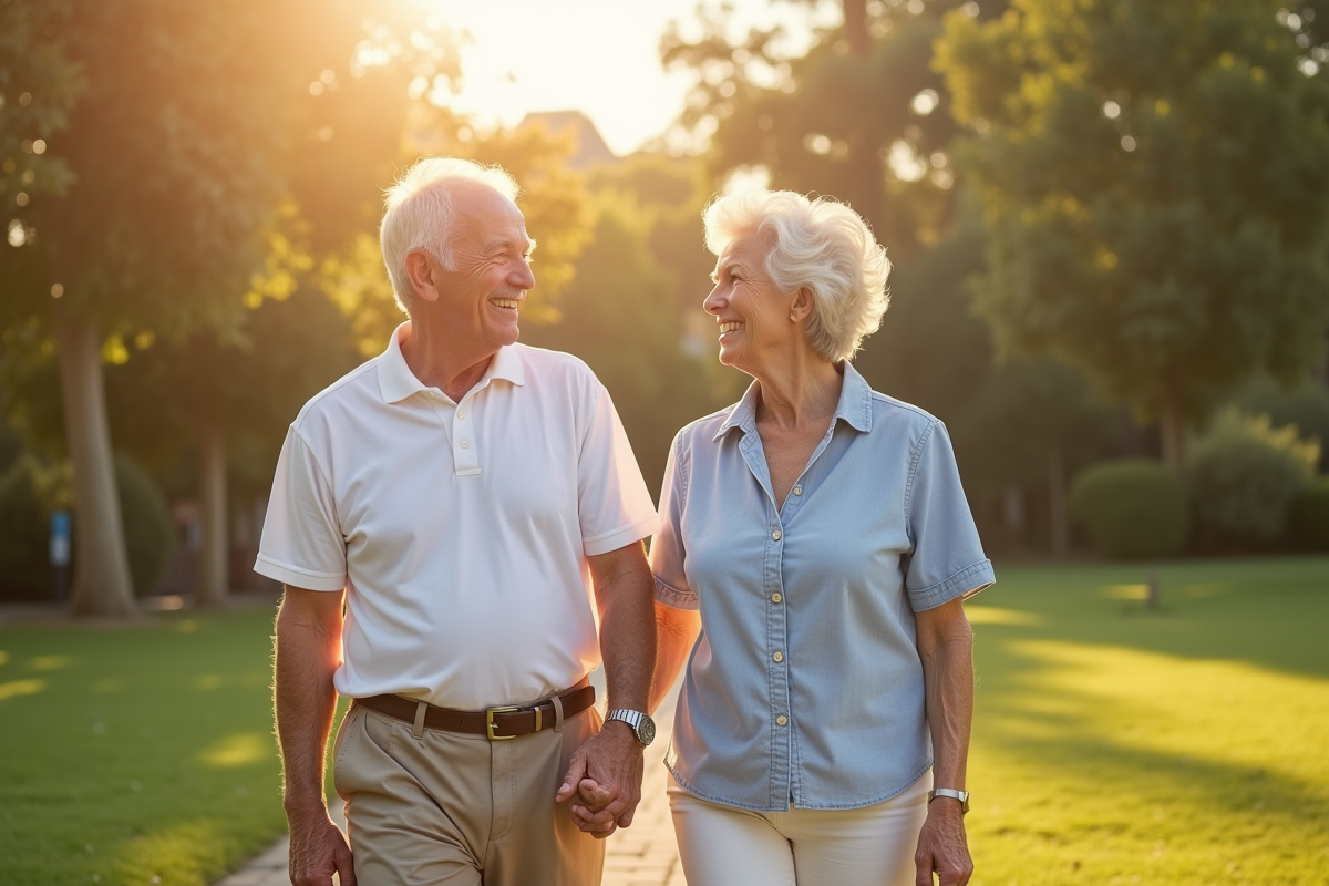 Couple de personnes âgées souriant dans un jardin ensoleille